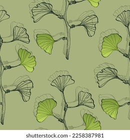 Wildflower Ginkgo flower pattern in a one line style. Outline of the plant: Black and white engraved ink art Ginkgo biloba. Sketch wild flower for background, texture, wrapper pattern, frame or border
