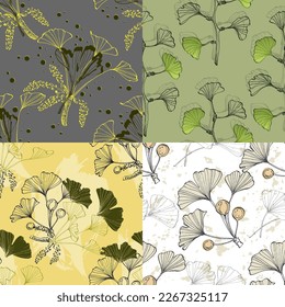 Wildflower Ginkgo flower pattern in a one line style. Outline of the plant: Black and white engraved ink art Ginkgo biloba. Sketch wild flower for background, texture, wrapper pattern, frame or border