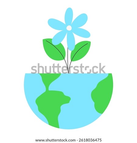 Wildflower growing from Earth globe as a symbol of nature, growth and environmental care. Flat vector illustration for Earth Day on white background