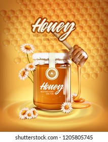 Wildflower honey ad with wooden dipper , realistic glass jar, and daisy flowers with delicious honey. For branding.