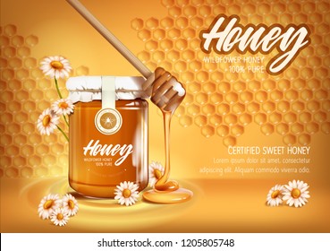 Wildflower Honey Ad With Wooden Honey Dipper. Honey Product Commercial For Branding. Bee Cells