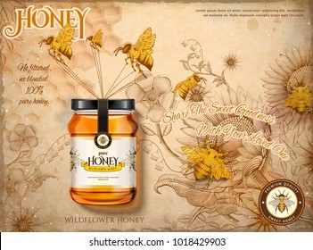 Wildflower honey ads, bees carrying glass jar in 3d illustration, retro flowers garden and bees background in etching shading style, beige tone