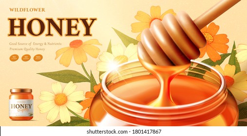 Wildflower honey ads with honey dipper dipped in a syrup jar in 3d illustration with flowers in background