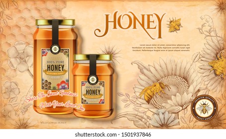 Anuncios de miel de flores silvestres en fondo de girasoles estilo retro de madera en 3d ilustración