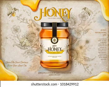 Wildflower honey ads, realistic glass jar with delicious honey in 3d illustration, retro flowers garden with bees