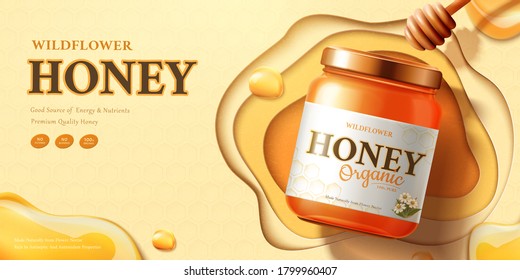 Wildflower honey ads with syrup and dipper on beige background in 3d illustration, flat lay