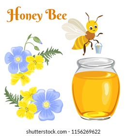 Wildflower honey bee concept. Vector illustration in flat style. Cartoon cute bee with bucket full of honey. Glass jar.