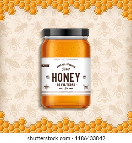 Wildflower honey glass jar illustration with honey bees and honeycomb background. Packaging design concept.