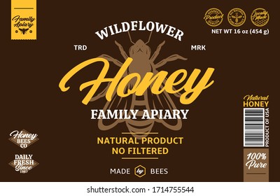 Wildflower Honey Label. Honey Packaging Design Elements For Apiary And Beekeeping Products, Branding And Identity