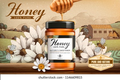 Wildflower Honey Product In 3d Illustration On Engraved Country Side Scenery