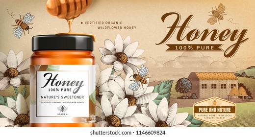 Wildflower Honey Product In 3d Illustration On Engraved Country Side Scenery