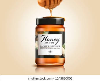 Wildflower honey product package design in 3d illustration with honey dipper and dripping liquid
