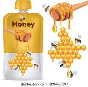 Wildflower honey product package design in illustration with honey dipper and dripping liquid