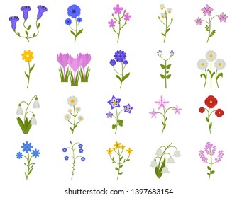 Wildflower icon set in flat style, Coronaries, cornflower, chamomile, daisy, etc., plants vector illustration