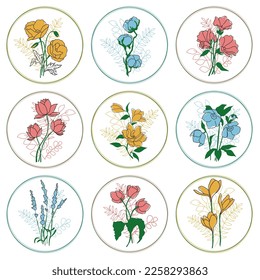 Wildflower icons, stylized in a round frame, herbaceous plants, flowers on a white background. Design elements, minimalist set of prints. Vector illustration for labels, corporate identity, stickers. 