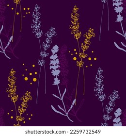 Flor de lavanda de flores silvestres en un estilo de una línea. Esquema de la planta: Espliego de arte con tinta grabada en blanco y negro. Esbozar flor silvestre para fondo, textura, patrón envolvente, marco o borde.