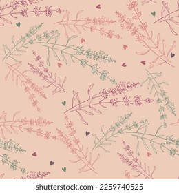 Wildflower lavender flower pattern in a one line style. Outline of the plant: Black and white engraved ink art  lavender. Sketch wild flower for background, texture, wrapper pattern, frame or border.