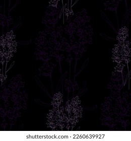 Wildflower lavender flower pattern in a one line style. Outline of the plant: Black and white engraved ink art  lavender. Sketch wild flower for background, texture, wrapper pattern, frame or border.