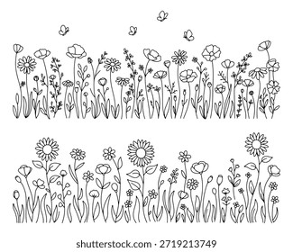 Wildflower Line Art Borders Bundle, Ilustrações de bordas botânicas florais	