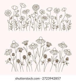 Wildflower Line Art Borders Bundle, florale botanische Rahmenillustrationen	