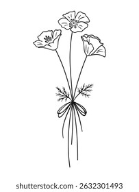 Wildflower line art bouquet, contour. Hand drawn flowers, meadow herbs, wild plants, and botanical elements for design projects. Vector illustration