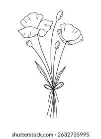 Wildflower line art bouquet, contour. Hand drawn flowers, meadow herbs, wild plants, and botanical elements for design projects. Vector illustration
