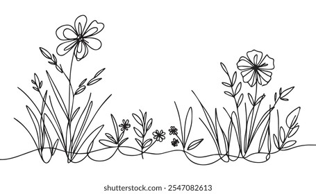 Wildflower line art bouquets set. Hand drawn chamomile, poppy, other wild plants. Meadow flowers, herbs for design projects. Vector illustration.