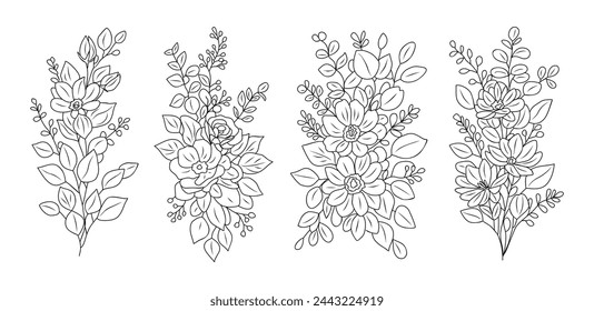 Wildflower line art bouquets vector set isolated.