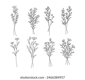 Wildflower line art set. Hand drawn flowers, wild plants, botanical elements for design projects. Vector illustration