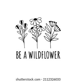 Wildflower line art vector illustration. Flower garden elegance botanical collection. Hand-drawn herbal and meadow plants illustration on white background. Daisy, botany t shirt print.