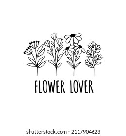 Wildflower line art vector illustration. Flower garden elegance botanical collection. Hand-drawn herbal and meadow plants illustration on white background. Flower lover t shirt print.
