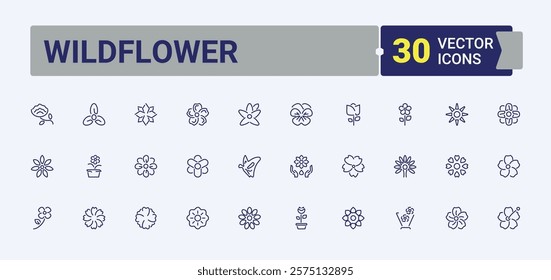 Wildflower linear icon collection. Containing petal, lotus, simple, chamomile, tulip and more. Thin linear style icons. Editable stroke. Vector illustration.