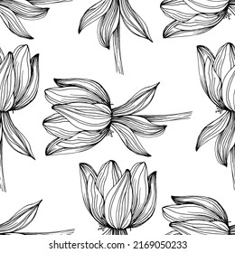 Wildflower lotus flower pattern in a one line style. Outline of the plant: Black and white engraved ink art lotos. Sketch wild flower for background, texture, wrapper pattern, frame or border.