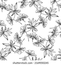 Wildflower lotus flower pattern in a one line style. Outline of the plant: Black and white engraved ink art lotos. Sketch wild flower for background, texture, wrapper pattern, frame or border.