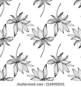 Wildflower lotus flower pattern in a one line style. Outline of the plant: Black and white engraved ink art lotos. Sketch wild flower for background, texture, wrapper pattern, frame or border.