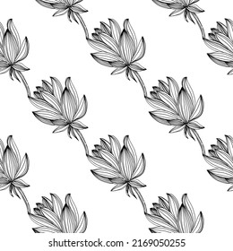 Wildflower lotus flower pattern in a one line style. Outline of the plant: Black and white engraved ink art lotos. Sketch wild flower for background, texture, wrapper pattern, frame or border.