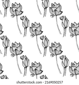 Wildflower lotus flower pattern in a one line style. Outline of the plant: Black and white engraved ink art lotos. Sketch wild flower for background, texture, wrapper pattern, frame or border.