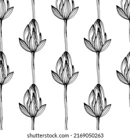 Wildflower lotus flower pattern in a one line style. Outline of the plant: Black and white engraved ink art lotos. Sketch wild flower for background, texture, wrapper pattern, frame or border.