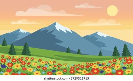Prado de flores silvestres sob montanhas de primavera