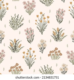 Wildflower meadow seamless pattern design for textile, fabric, wallpaper, stationery surface design. Floral digital repeating background