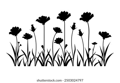 Clipart de siluetas de prado de flores silvestres, Vector de silueta negro de flores de prado