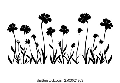 Clipart de siluetas de prado de flores silvestres, Vector de silueta negro de flores de prado