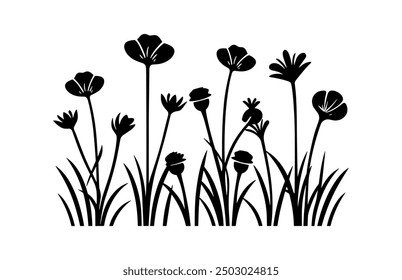 Clipart de siluetas de prado de flores silvestres, Vector de silueta negro de flores de prado