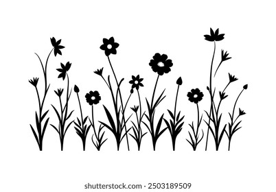 Clipart de siluetas de prado de flores silvestres, Vector de silueta negro de flores de prado