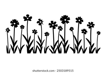 Clipart de siluetas de prado de flores silvestres, Vector de silueta negro de flores de prado