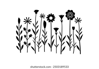 Clipart de siluetas de prado de flores silvestres, Vector de silueta negro de flores de prado