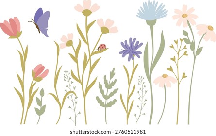Wildflower meadow with tall stems, butterfly in flight, daisy heads, and a ladybug, drawn with clean lines and soft shapes. Symbol of nature, growth, spring bloom. Cartoon vector illustration.