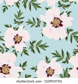 Wildflower peony flower seamless pattern  isolated on blue background. Full name of the plant: peony. Wild flower for background, texture, wrapper pattern, frame or border,  invitation or textile.