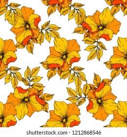 Wildflower rosa canina in a vector style isolated. Yellow engraved ink art. Seamless background pattern. Fabric wallpaper print texture. Vector flower for background, texture, wrapper pattern, frame.