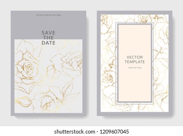 Wildflower Roses in gold in a vector style isolated. Wedding background card floral decorative border. Thank you, rsvp, invitation elegant card illustration graphic set banner.